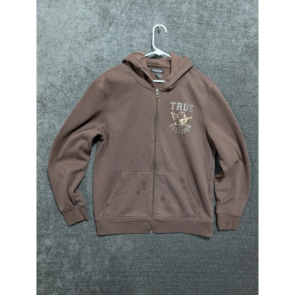 True Religion Mens Buddha Logo Zip Up Hoodie Brown Graphic Sweatshirt Size L